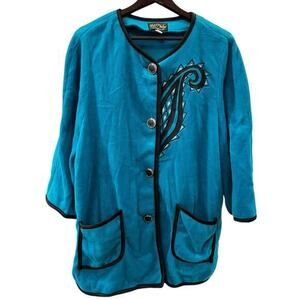 BOB MACKIE wearable art button front jade green fleece embellished plus sz 1X